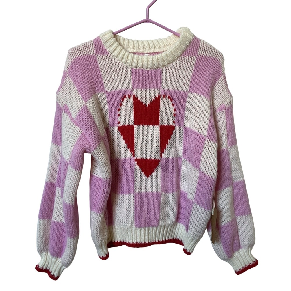 Dreamers by Debut Pink Checkered Heart Knit Sweater Small NWT Valentine Coquette
